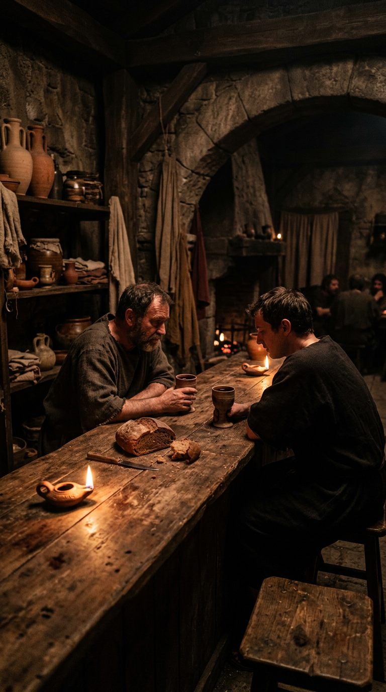 The lamplight: Wine, dice, and the day's gossip retold.